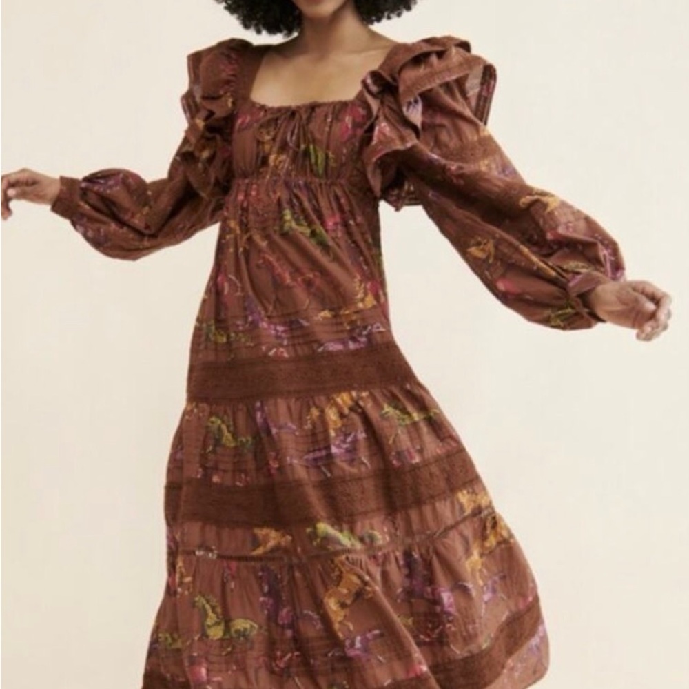 FARM Rio Brown Floral Ruffle-Sleeve Mini Dress